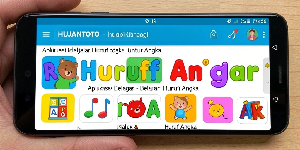 Antarmuka aplikasi HUJANTOTO yang menarik untuk belajar huruf dan angka.